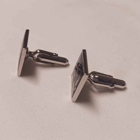 Mens Vintage Anson Cufflinks Silvertone Black Cut Floral Design Pair Cuff Links - Picture 3 of 7